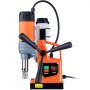 Taladro de columna magnético VEVOR, color naranja, con manijas dobles, botones de encendido/apagado y componente de perforación de precisión.