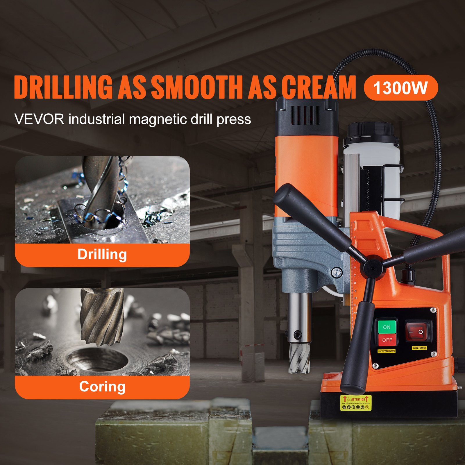 Taladro de columna magnético VEVOR de 1300 W que destaca las capacidades de perforación y extracción de núcleos en un entorno industrial.