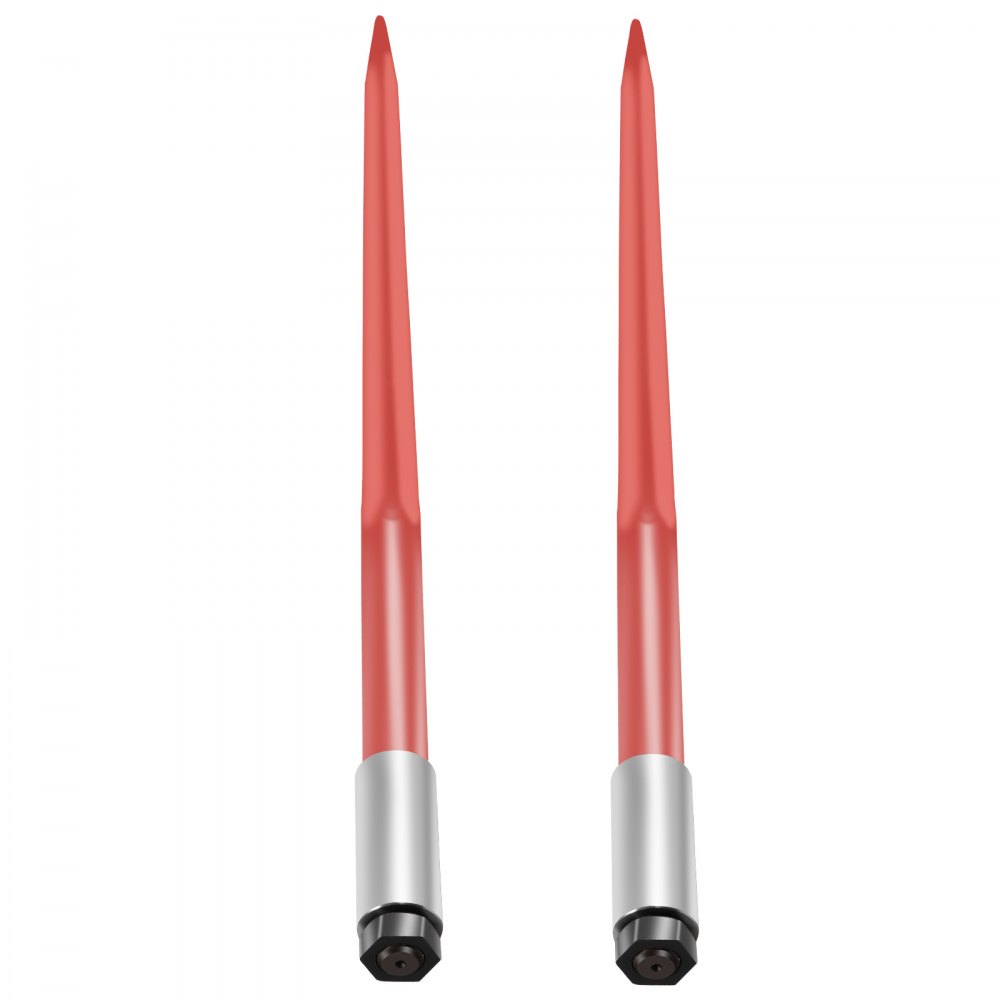 Par de lanzas para heno VEVOR de 43", capacidad de 3000 lb, con púas para pacas cuadradas de 1 3/4", horquillas para pacas con revestimiento rojo, con tuerca hexagonal y manguito para cucharones, tractores y cargadoras.
