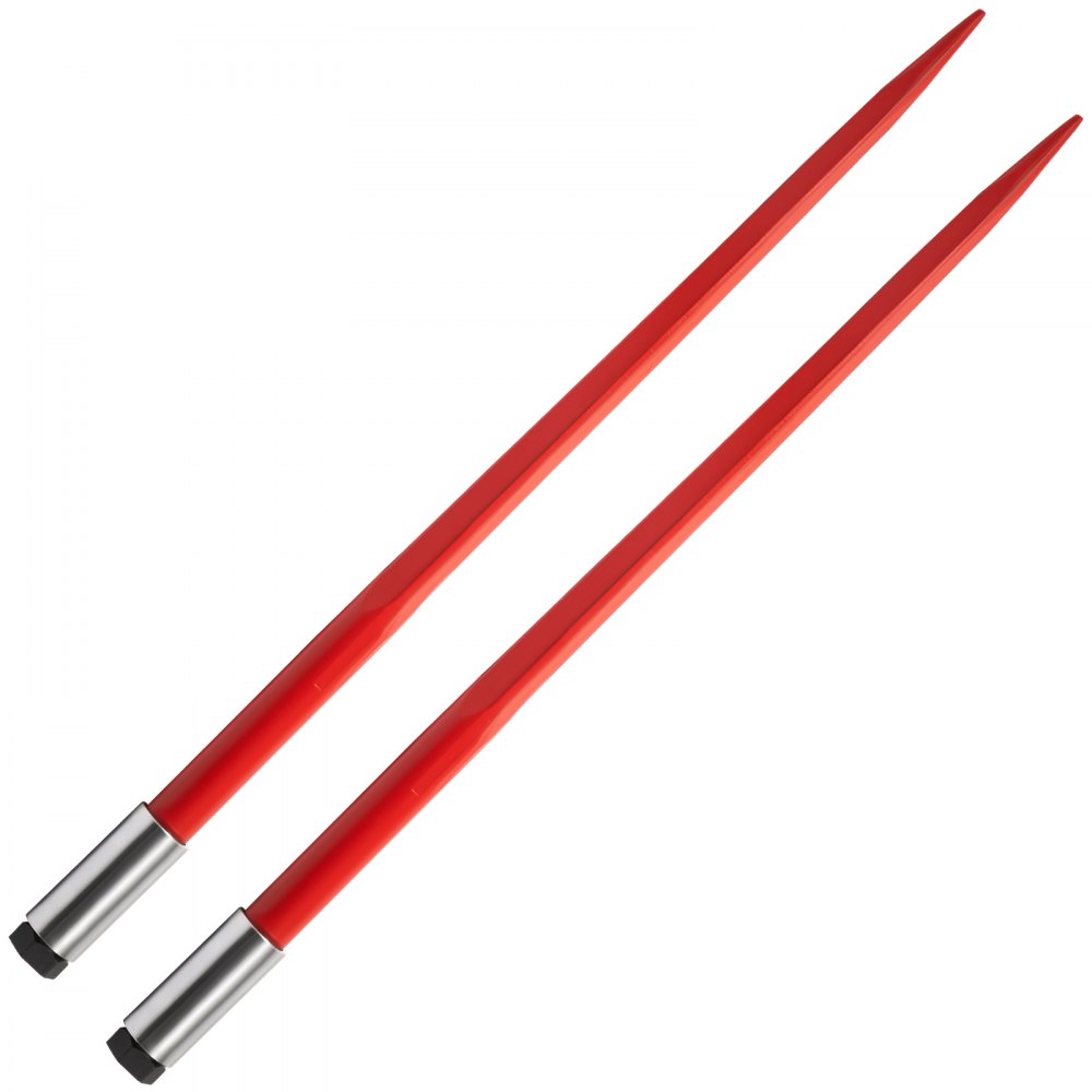 Par de lanzas para heno VEVOR de 43", capacidad de 3000 lb, con púas para pacas cuadradas de 1 3/4", horquillas para pacas con revestimiento rojo, con tuerca hexagonal y manguito para cucharones, tractores y cargadoras.