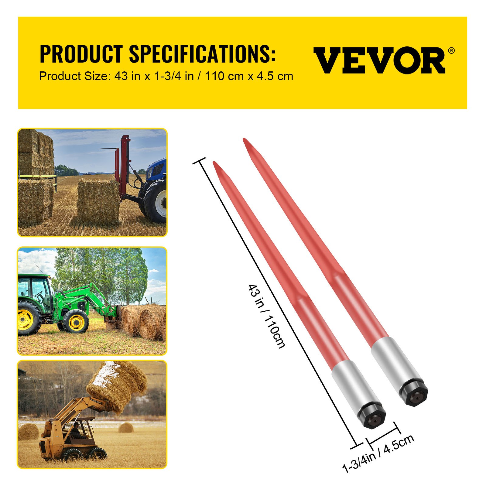 Par de lanzas para heno VEVOR de 43", capacidad de 3000 lb, con púas para pacas cuadradas de 1 3/4", horquillas para pacas con revestimiento rojo, con tuerca hexagonal y manguito para cucharones, tractores y cargadoras.