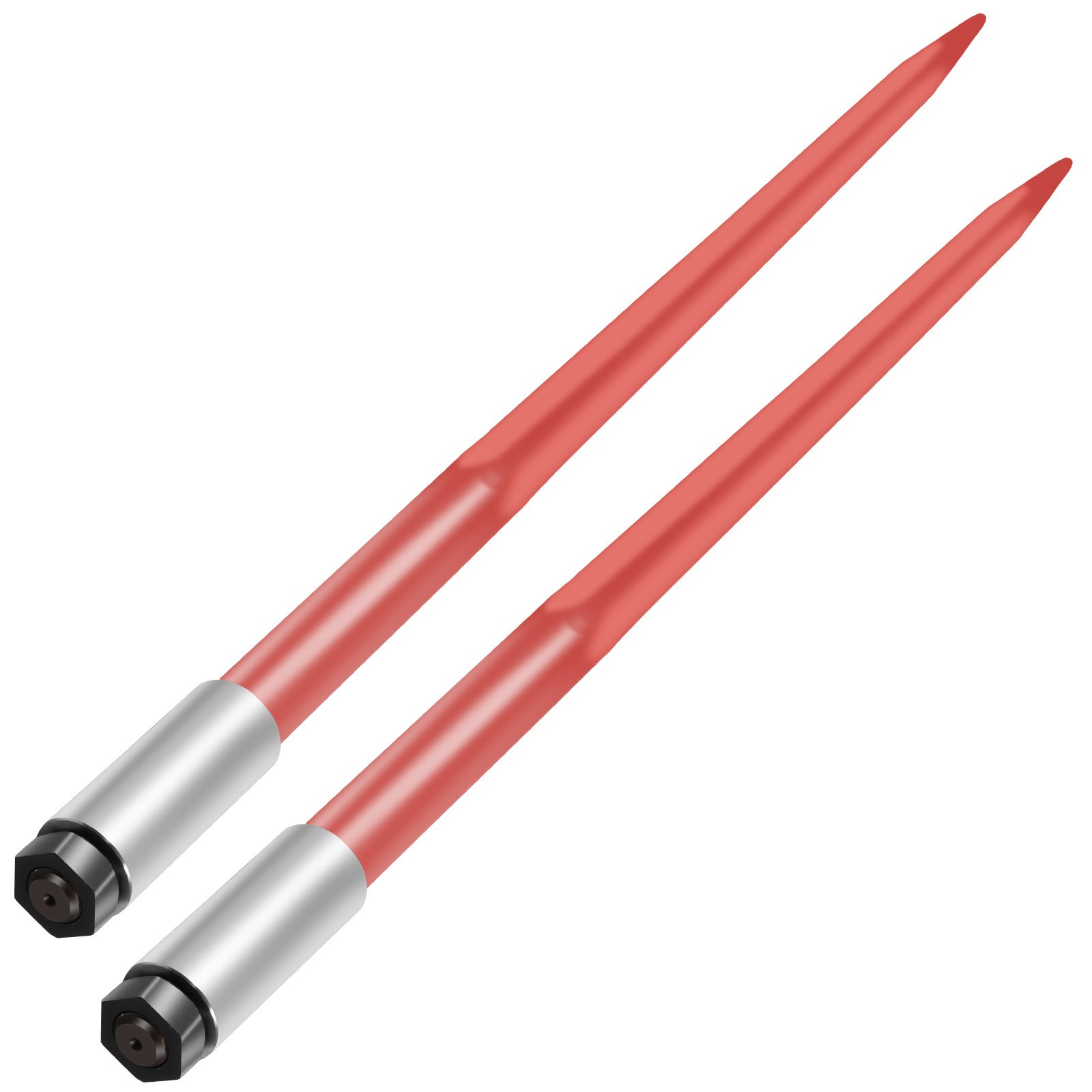 Par de lanzas para heno VEVOR de 43", capacidad de 3000 lb, con púas para pacas cuadradas de 1 3/4", horquillas para pacas con revestimiento rojo, con tuerca hexagonal y manguito para cucharones, tractores y cargadoras.