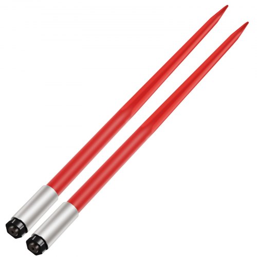 Par de lanzas para heno VEVOR de 124 cm (49"), capacidad de 1367 kg (3000 lb), con enganche rápido para pacas cuadradas de 4,3 cm (1 3/4"), horquillas para pacas con revestimiento rojo, con tuerca hexagonal y manguito para cucharones, tractores y cargadoras.