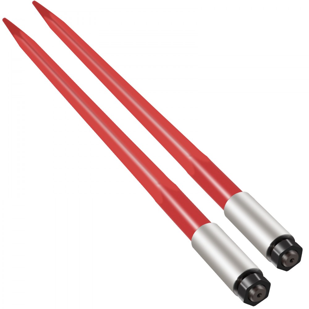 Par de lanzas para heno VEVOR de 99 cm, capacidad de 1367 kg, con enganche rápido para pacas cuadradas de 4,3 cm, horquillas para pacas con revestimiento rojo, con tuerca hexagonal y manguito para cucharones, tractores y cargadoras.