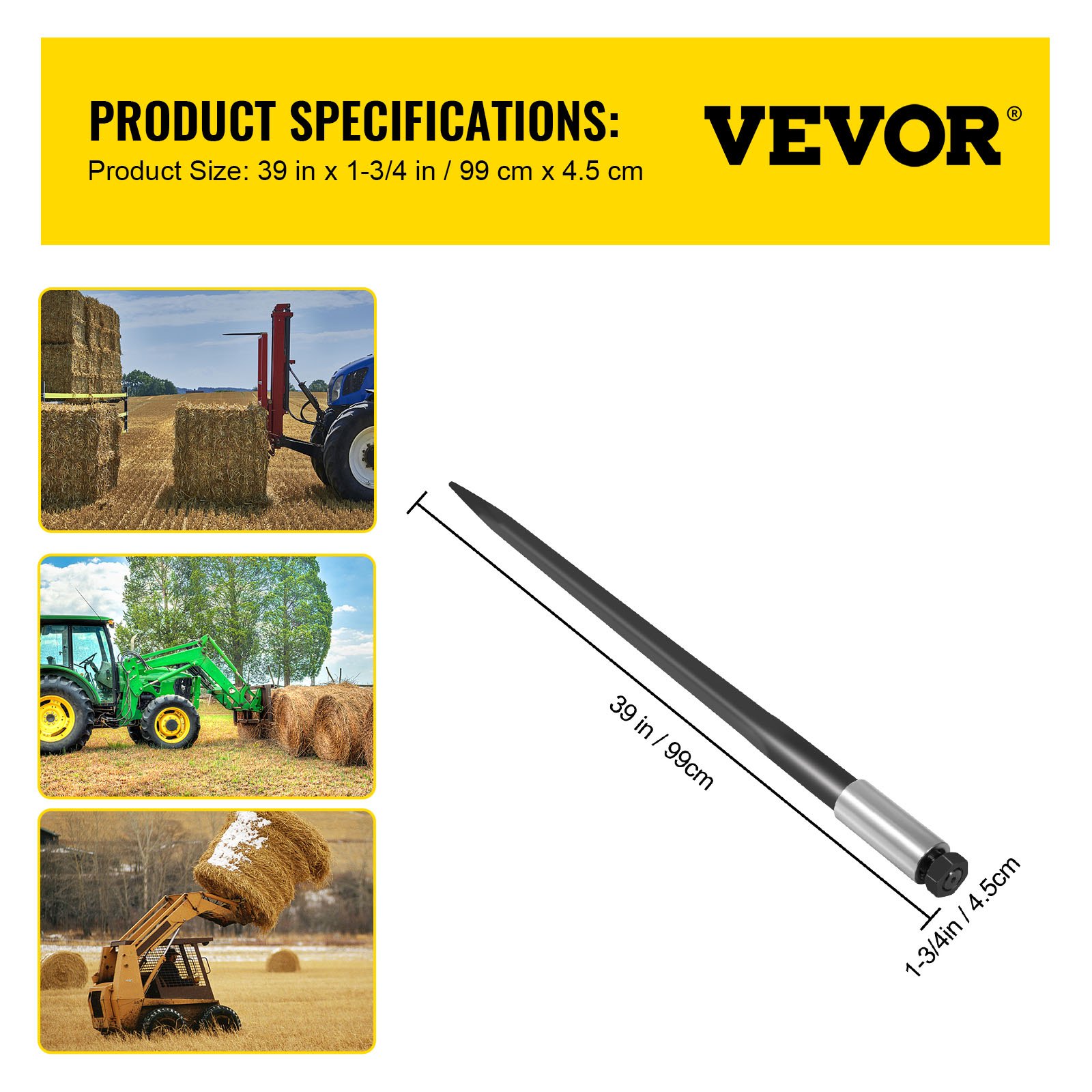 Lanza de heno VEVOR: 39 pulgadas/99 cm para tractores y cargadores que manipulan pacas de heno.