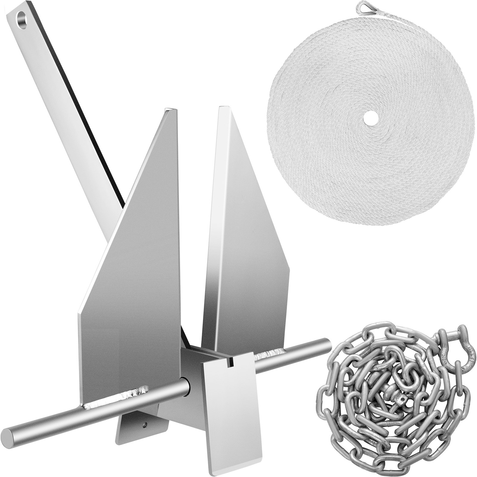 VEVOR Kit de anclaje para barcos Ancla estilo Fluke de 13 lb, ancla Fluke de acero galvanizado en caliente, ancla marina con ancla, cuerda, grilletes, cadena para amarre de barcos en la playa, barcos de 20'-32'