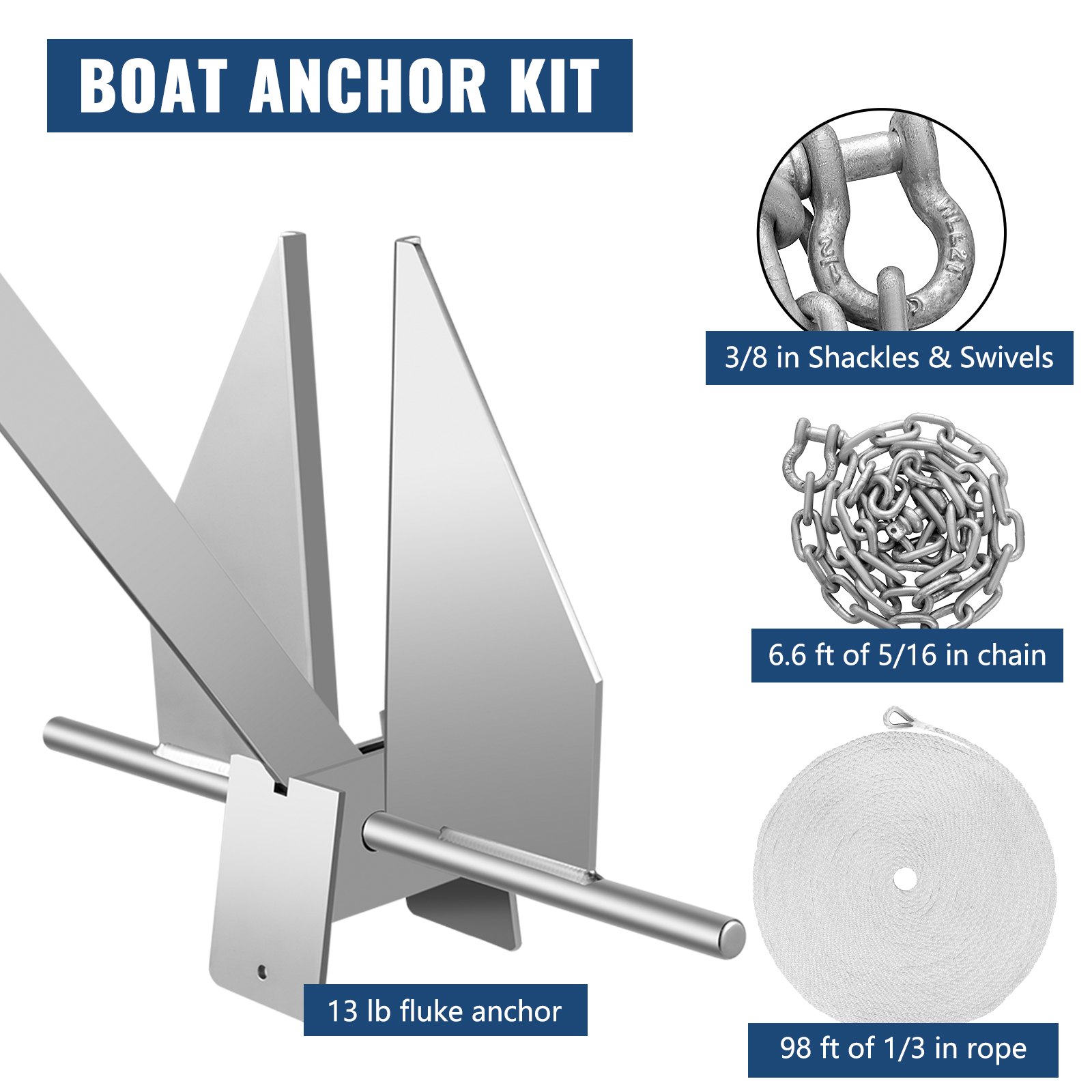 VEVOR Kit de anclaje para barcos Ancla estilo Fluke de 13 lb, ancla Fluke de acero galvanizado en caliente, ancla marina con ancla, cuerda, grilletes, cadena para amarre de barcos en la playa, barcos de 20'-32'