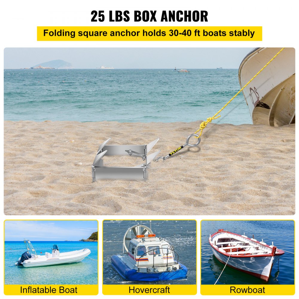 Anclaje de caja VEVOR para barcos, ancla plegable y de sujeción de 25 libras, ancla de cubo de acero galvanizado, ancla de caja resistente para barcos de 18 a 30 pies, ancla de caja para barcos pontón con diseño plegable para anclaje en alta mar