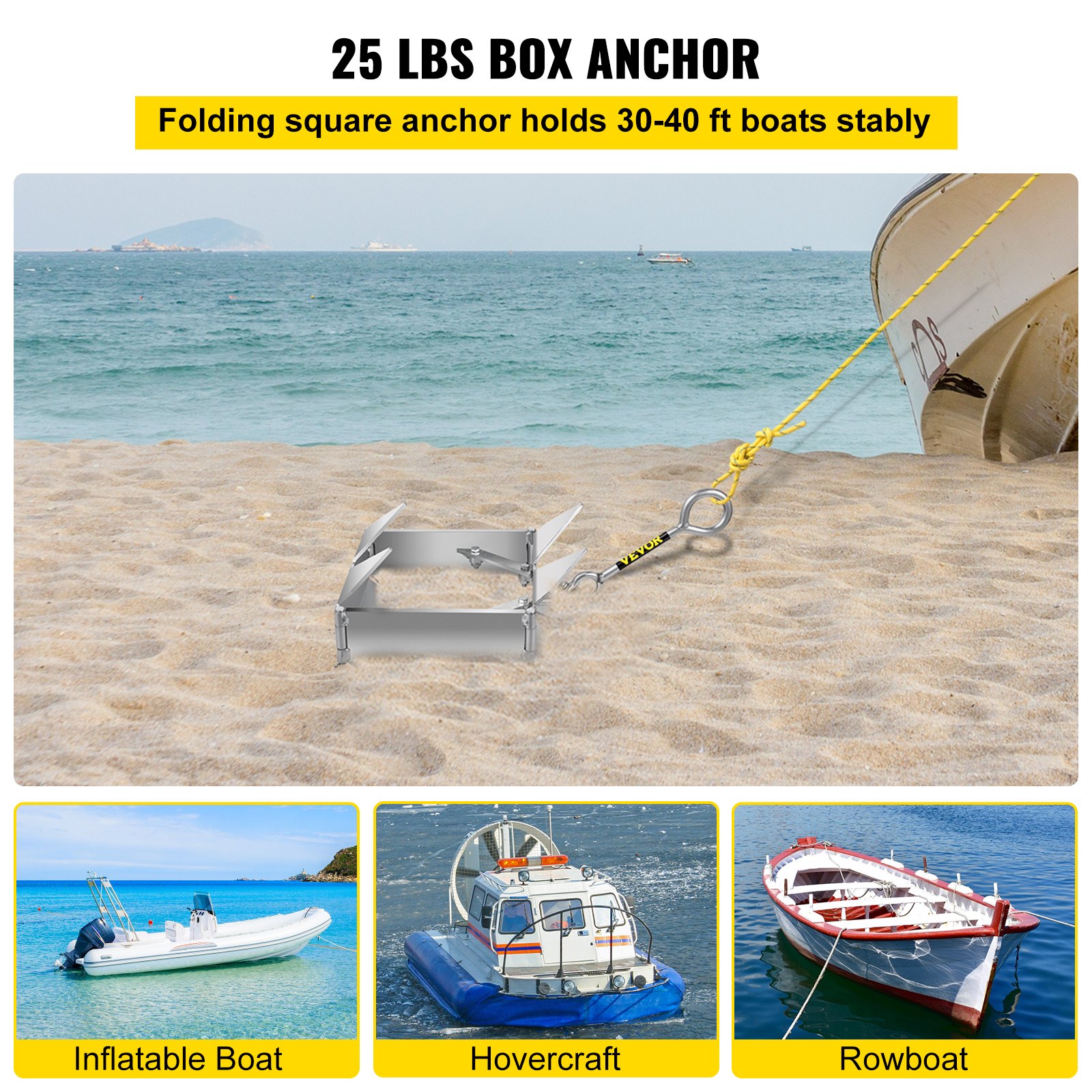Anclaje de caja VEVOR para barcos, ancla plegable y de sujeción de 25 libras, ancla de cubo de acero galvanizado, ancla de caja resistente para barcos de 18 a 30 pies, ancla de caja para barcos pontón con diseño plegable para anclaje en alta mar