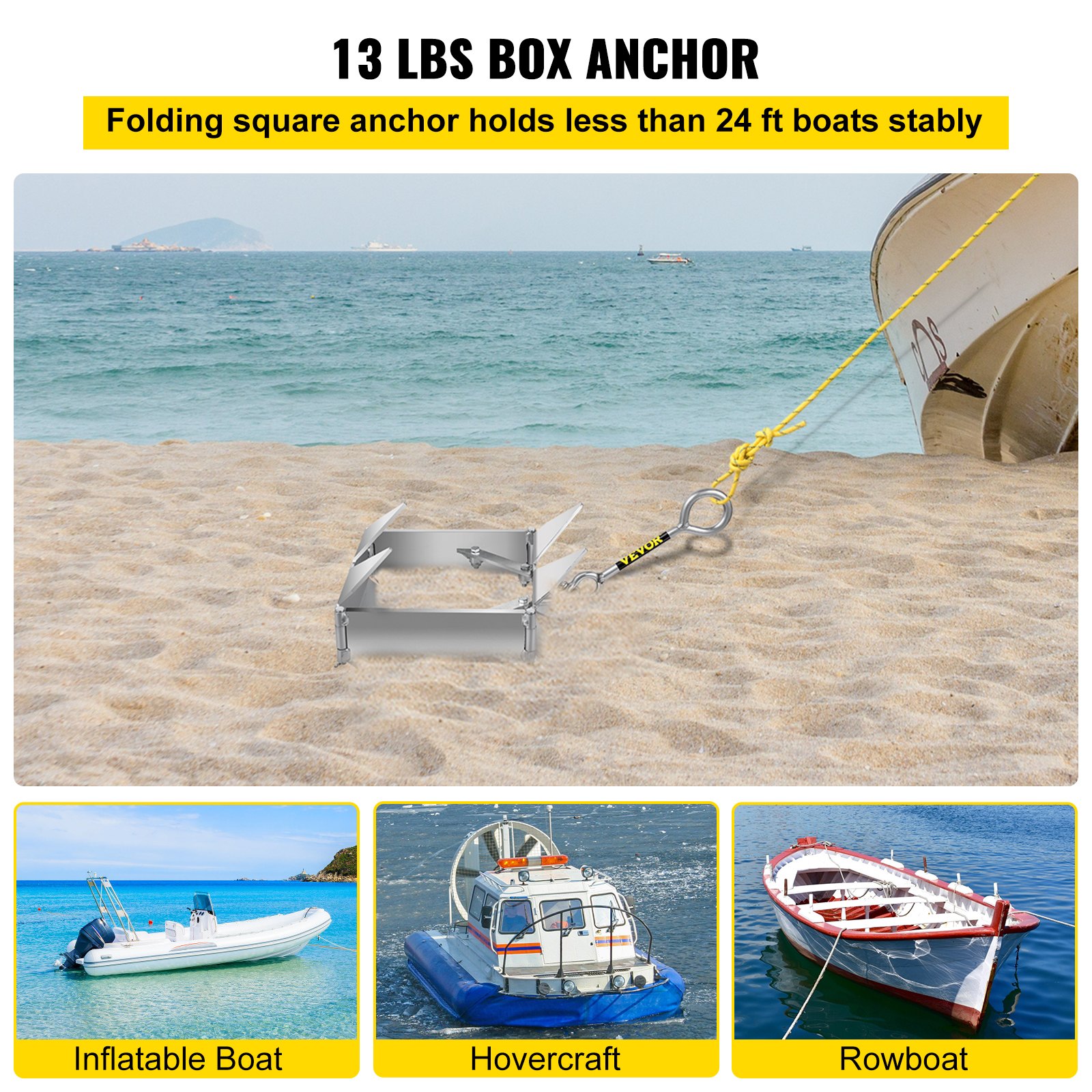 Anclaje de cubo VEVOR para barcos, ancla plegable y de sujeción de 13 libras, ancla de acero galvanizado, ancla cuadrada resistente para barcos de 18 a 30 pies, ancla de cubo para barcos pontón con diseño plegable para anclaje en alta mar