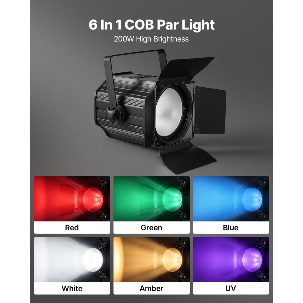 Foco de escenario VEVOR con viseras, 200 W, luz PAR COB 6 en 1 RGBWA-UV, foco para eventos, bodas, iglesias, teatros, bares, conciertos, control automático/DMX/maestro-esclavo/sonido, cable de señal y cable de alimentación.