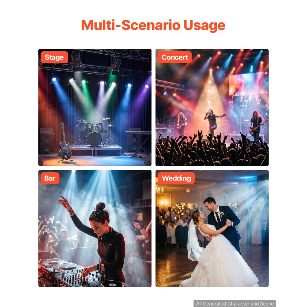 Foco de escenario VEVOR con viseras, 200 W, luz PAR COB 6 en 1 RGBWA-UV, foco para eventos, bodas, iglesias, teatros, bares, conciertos, control automático/DMX/maestro-esclavo/sonido, cable de señal y cable de alimentación.