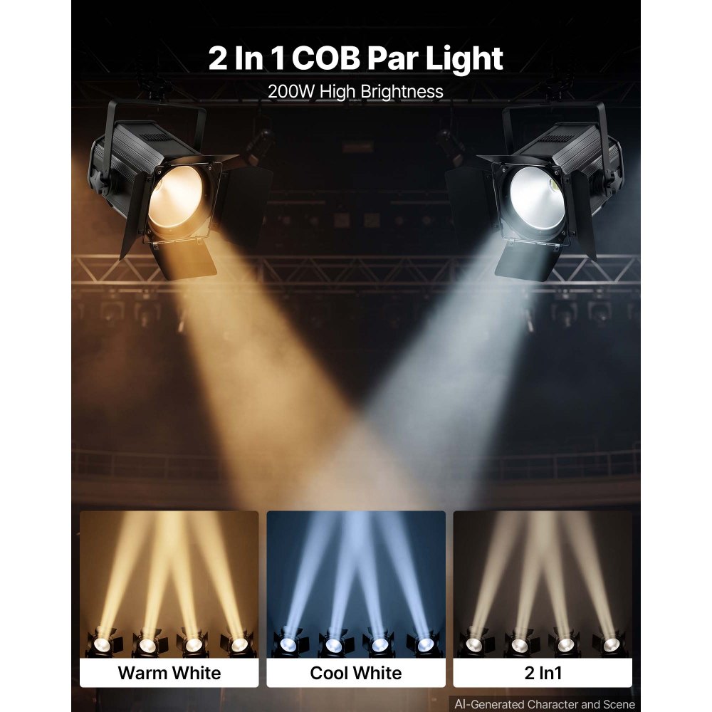 Foco de escenario VEVOR con viseras, luz PAR COB de 200 W, luz blanca fría y cálida, foco para eventos, bodas, iglesias, teatros, bares, control automático/DMX/maestro-esclavo/sonido, cable de señal y cable de alimentación incluidos.