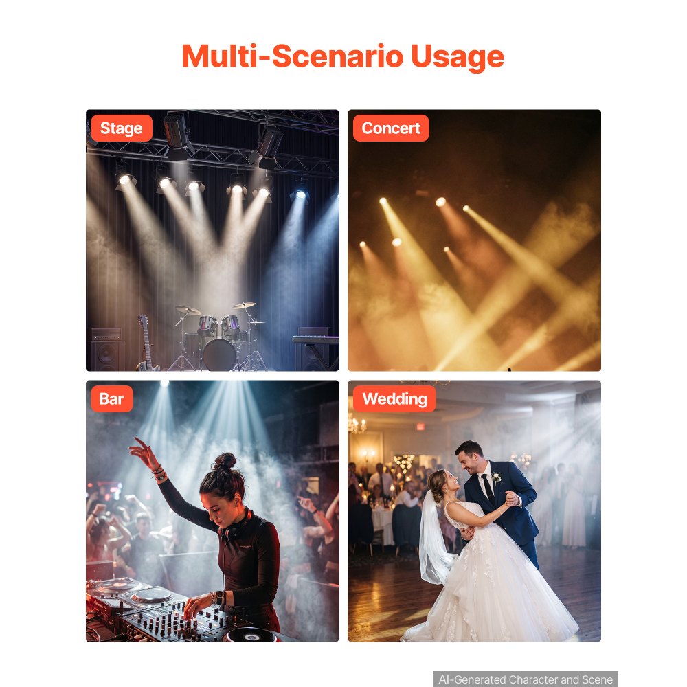 Foco de escenario VEVOR con viseras, luz PAR COB de 200 W, luz blanca fría y cálida, foco para eventos, bodas, iglesias, teatros, bares, control automático/DMX/maestro-esclavo/sonido, cable de señal y cable de alimentación incluidos.