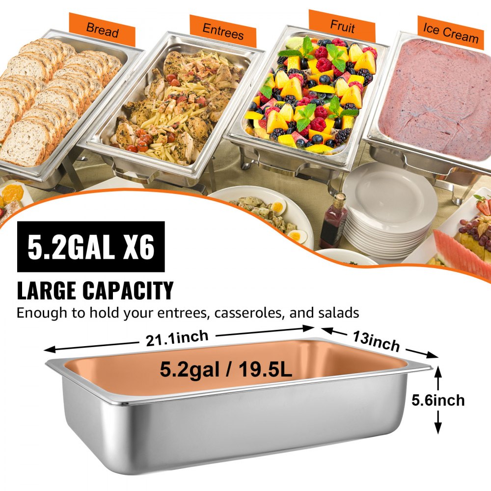 Sartenes para mesa de vapor VEVOR con compartimentos etiquetados para pan, platos principales, fruta y helado.
