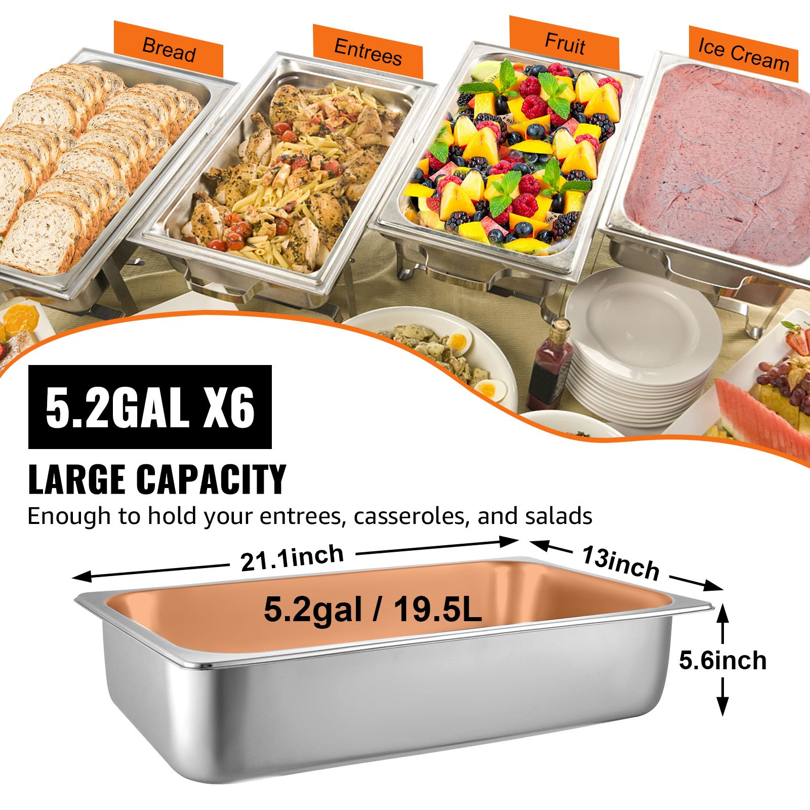 Sartenes para mesa de vapor VEVOR con compartimentos etiquetados para pan, platos principales, fruta y helado.