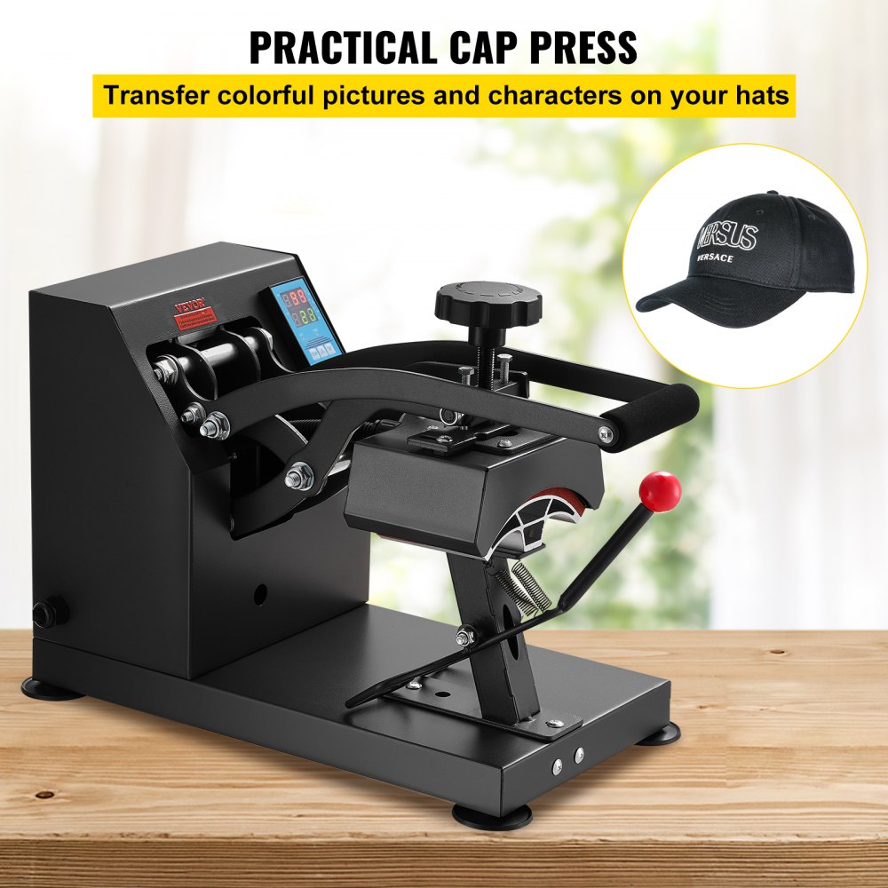 Prensa térmica VEVOR para sombreros con pantalla digital y diseño de gorra sobre mesa de madera.