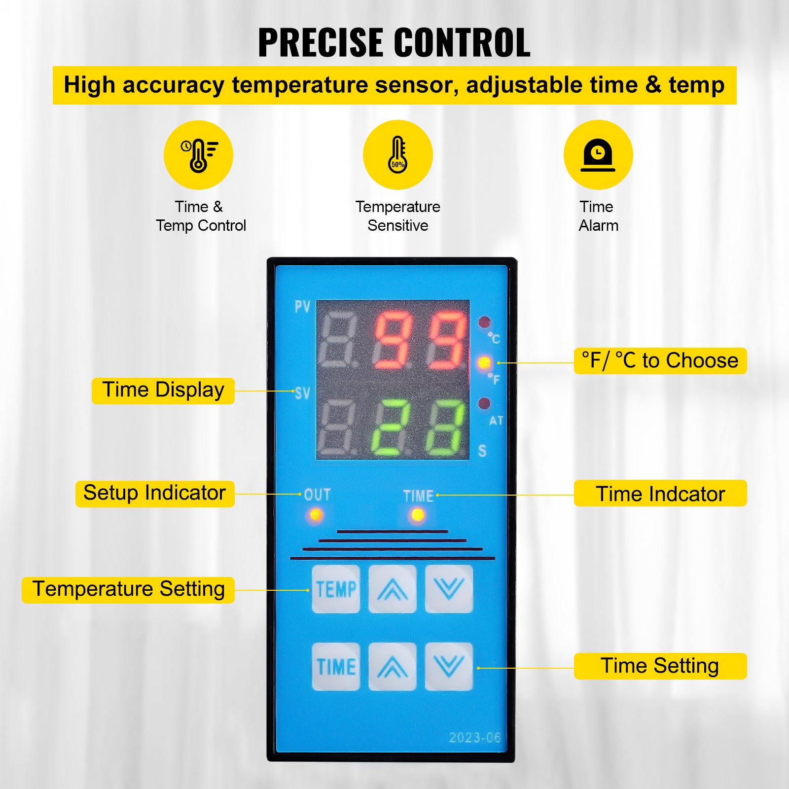 Prensa térmica VEVOR para sombreros, panel de control con visualización de tiempo, temperatura y configuraciones.