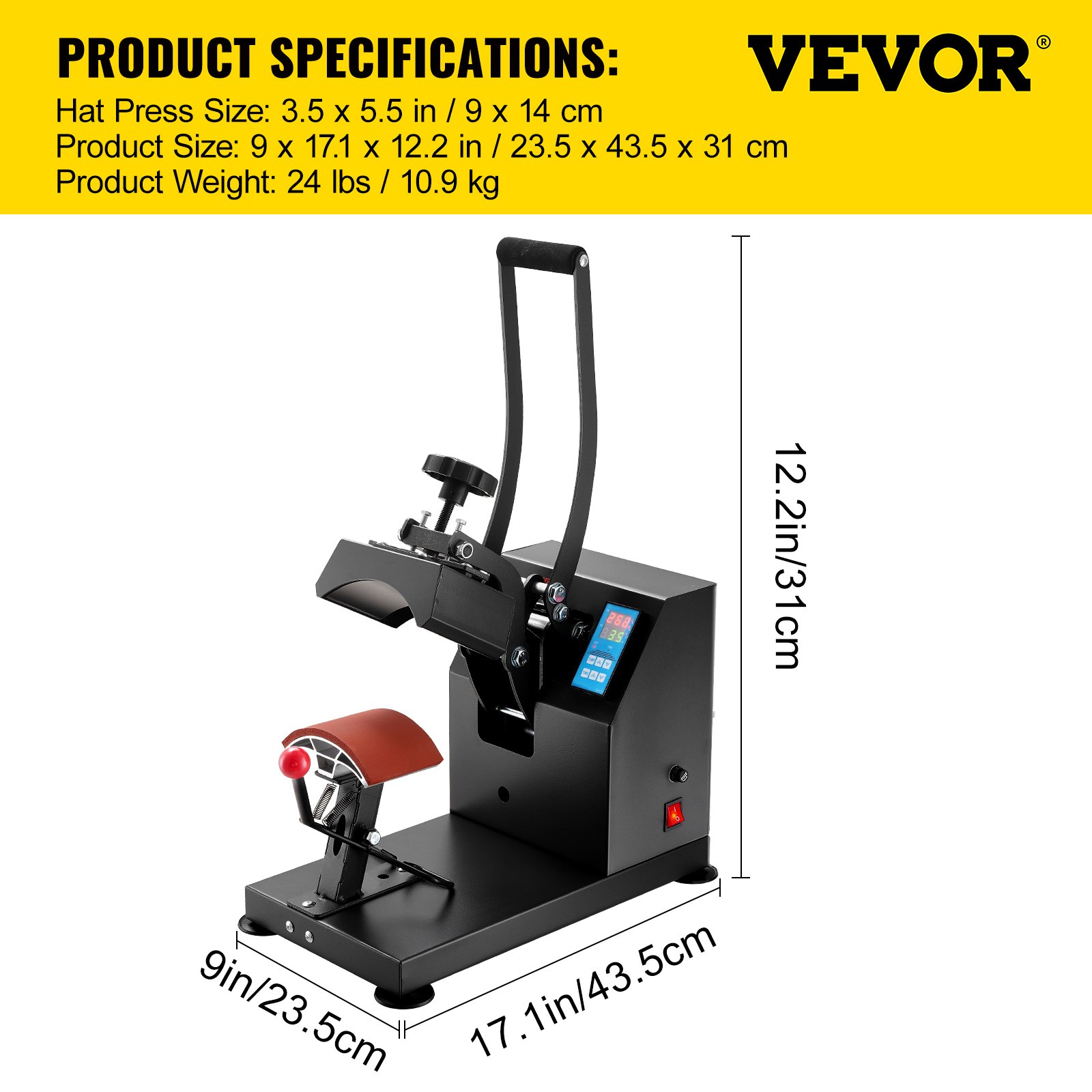 Prensa térmica VEVOR para gorras con dimensiones y especificaciones del producto