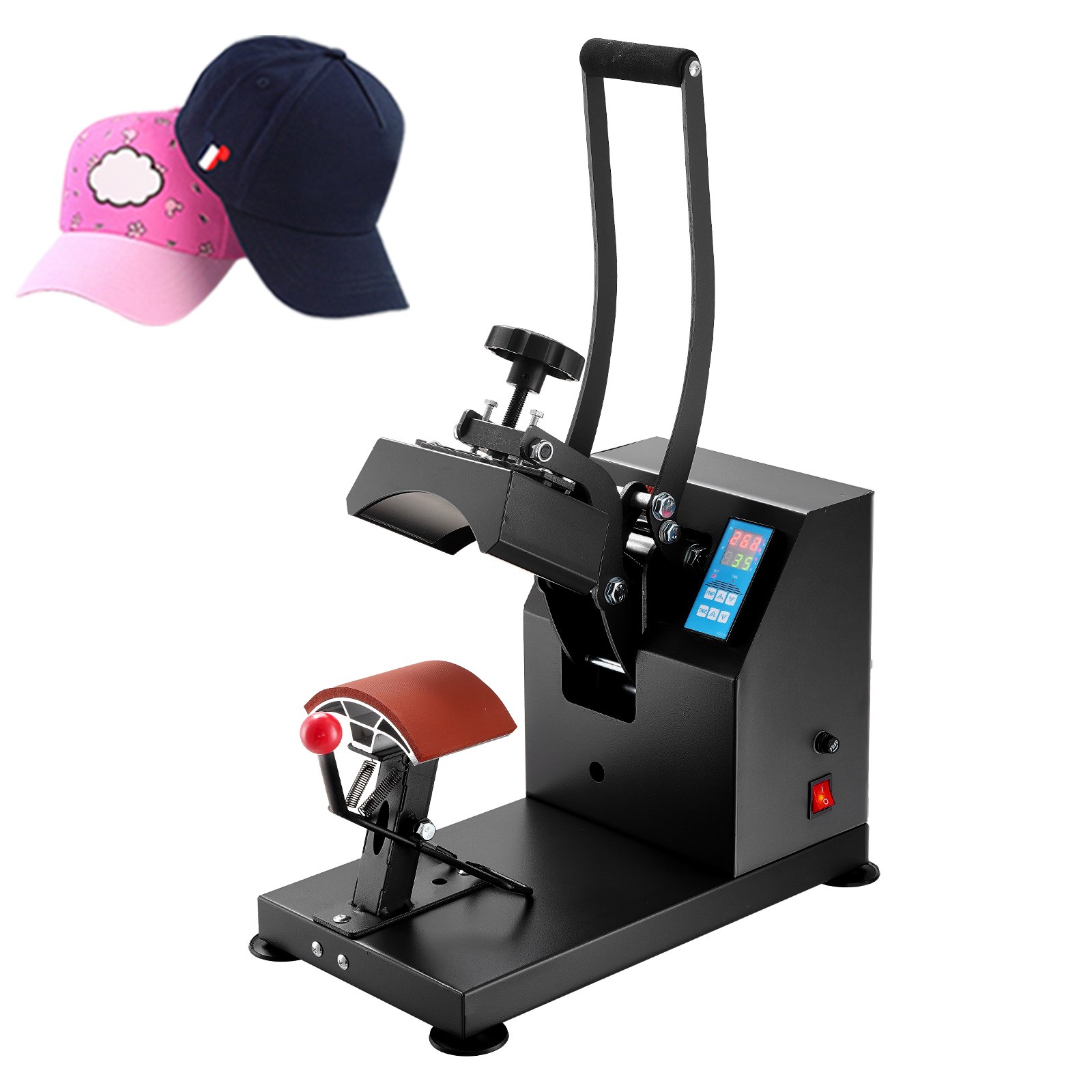 Prensa térmica VEVOR para gorras con pantalla digital y dos gorras de colores arriba.
