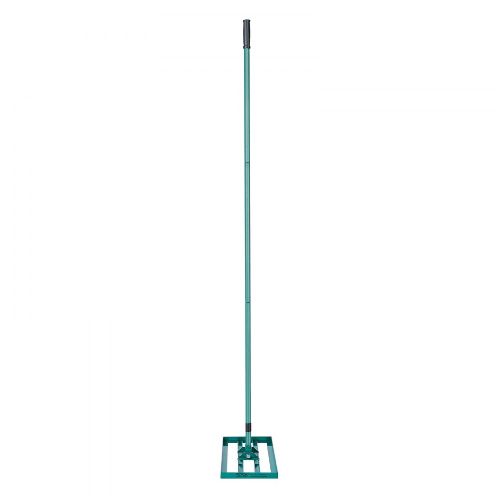 Rastrillo nivelador de césped VEVOR verde con mango de metal y base rectangular sobre fondo blanco.