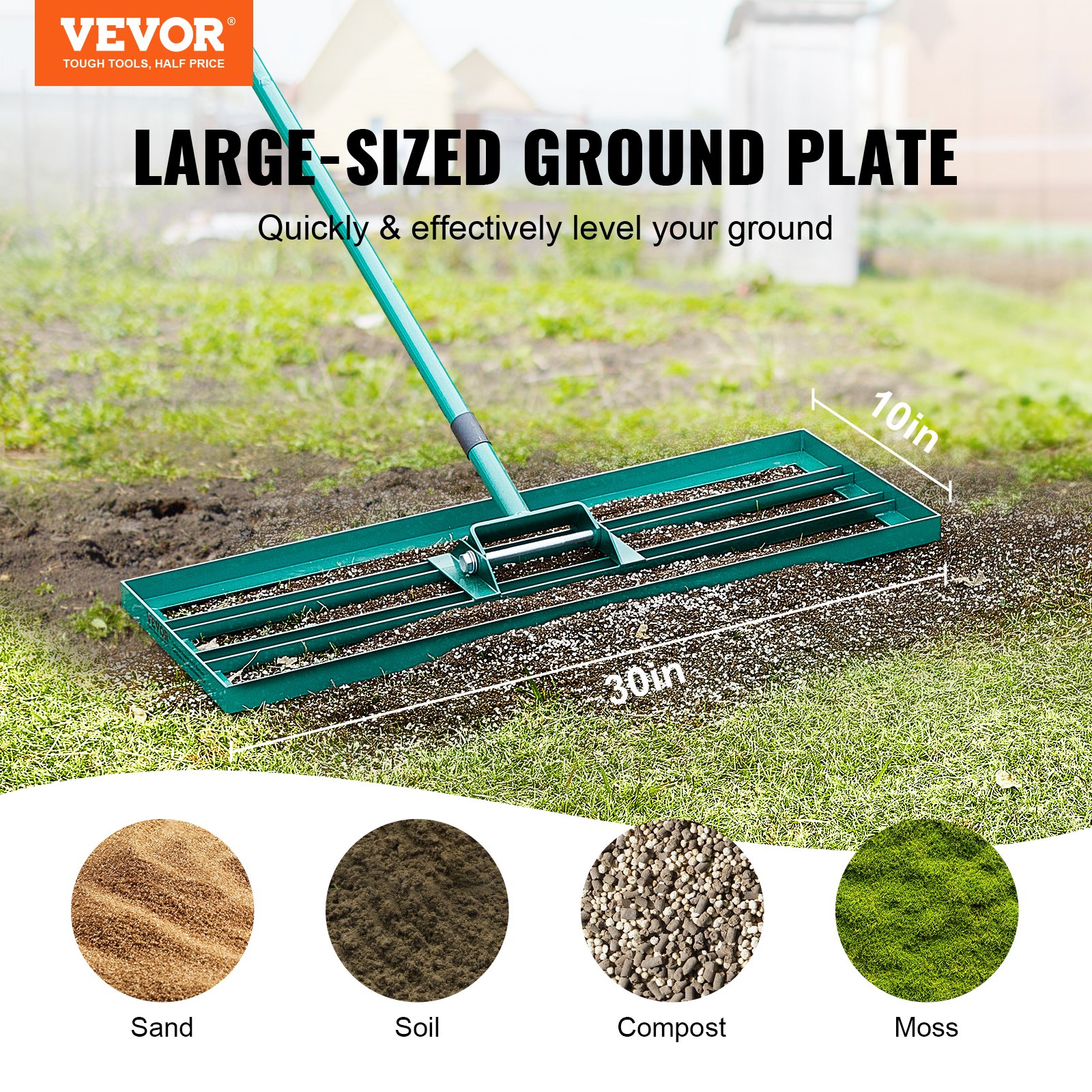 Rastrillo nivelador de césped VEVOR con placa de base grande para arena, tierra, abono y musgo, 30 x 10 pulgadas.