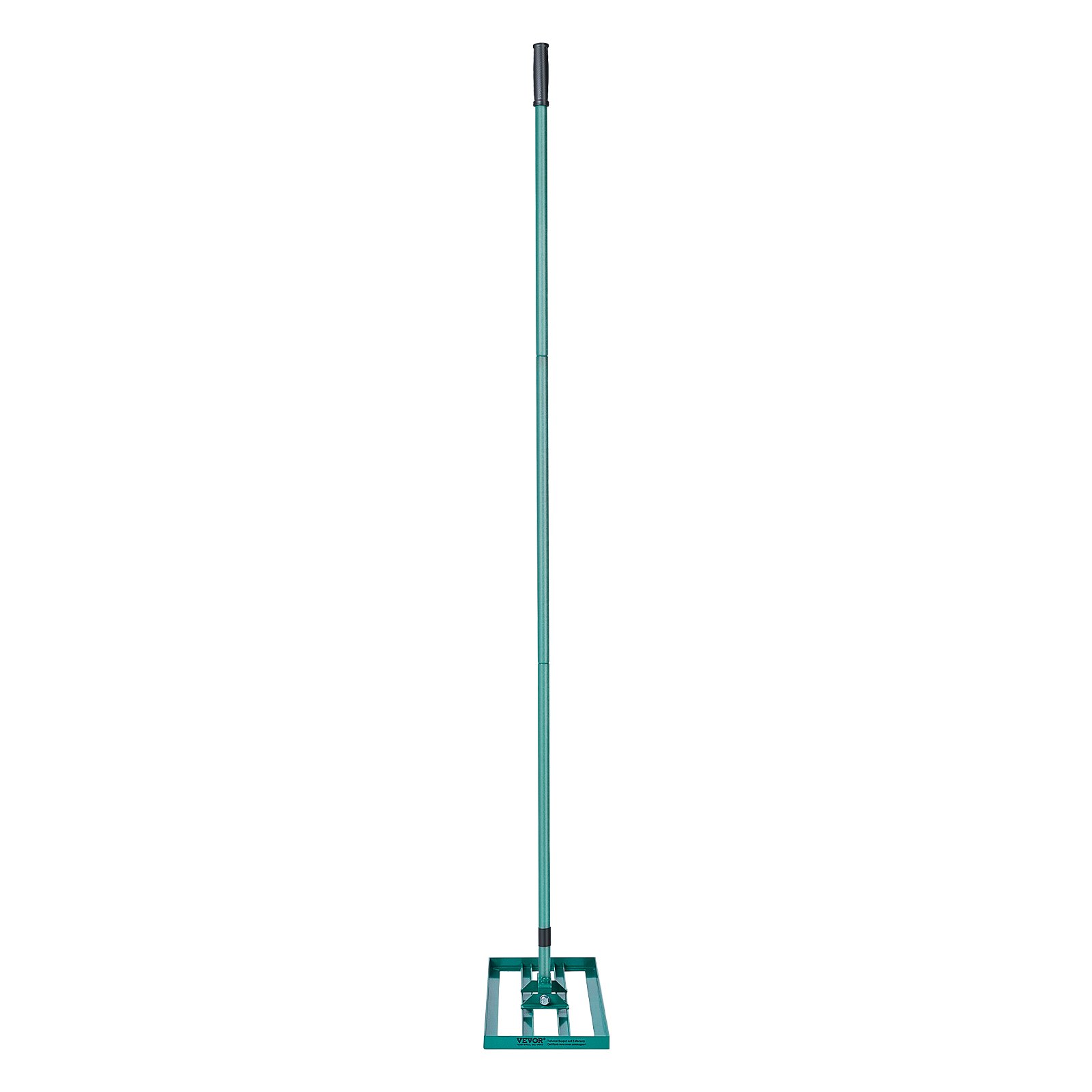 Rastrillo nivelador de césped VEVOR verde con mango de metal y base rectangular sobre fondo blanco.