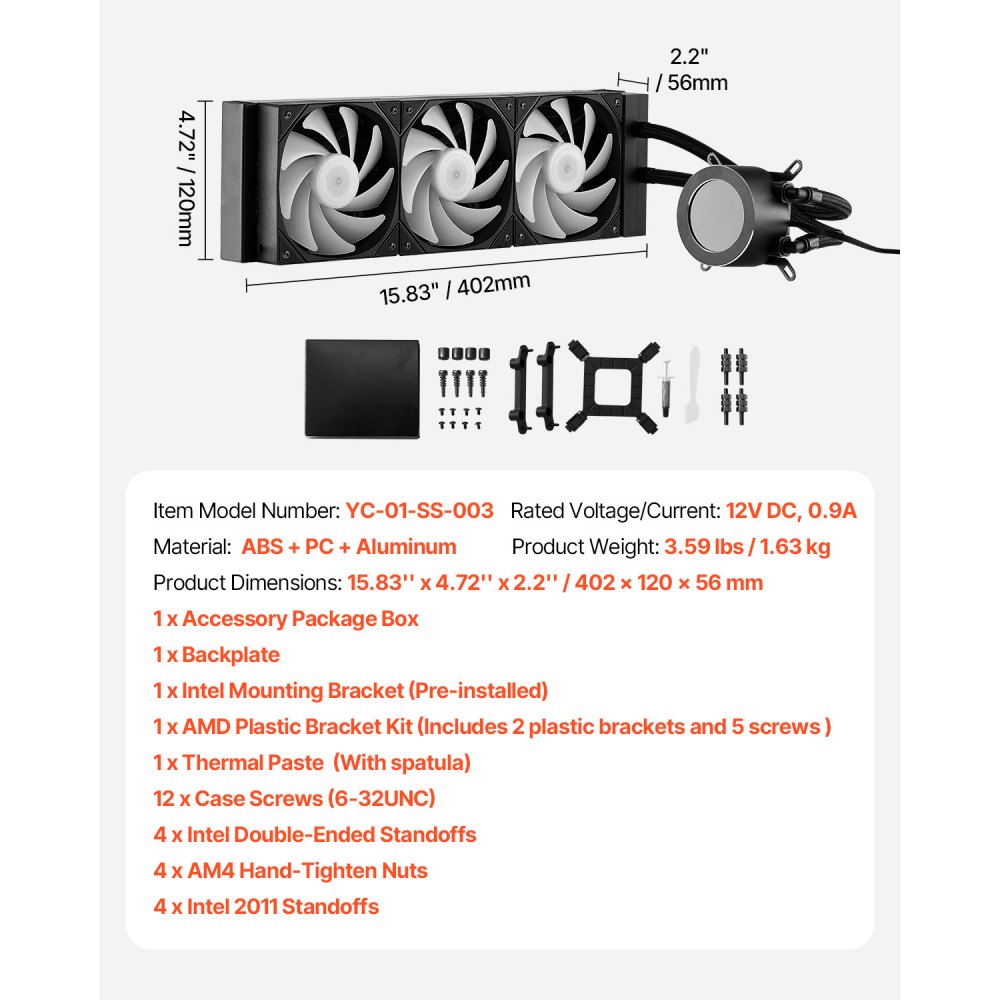Enfriador líquido para CPU AIO con luz ARGB y 3 ventiladores PWN (120 mm)