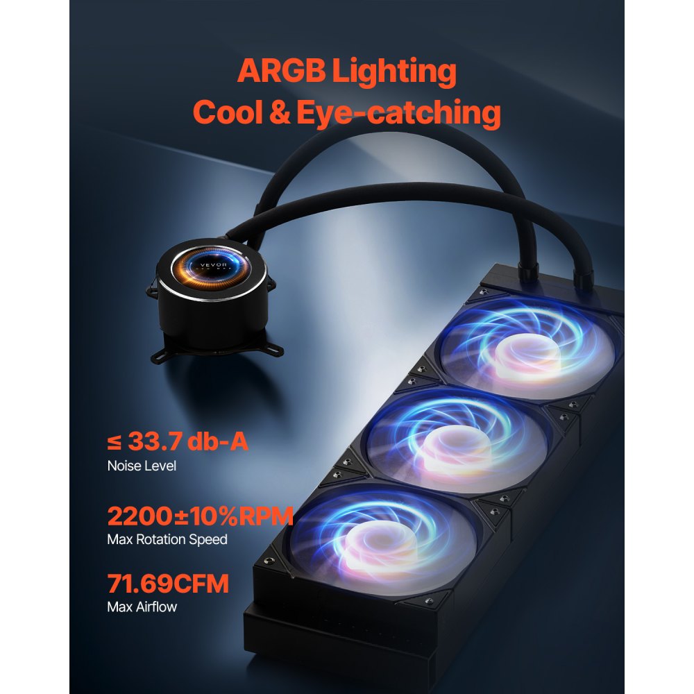 Enfriador líquido para CPU VEVOR, AIO (3 ventiladores PWN de 120 mm y bomba), personalizable, color negro, con pantalla LCD de 2,1" e iluminación ARGB, compatible con Intel 115X/1366/2011/1700/1200 y AMD AM4/AM5.