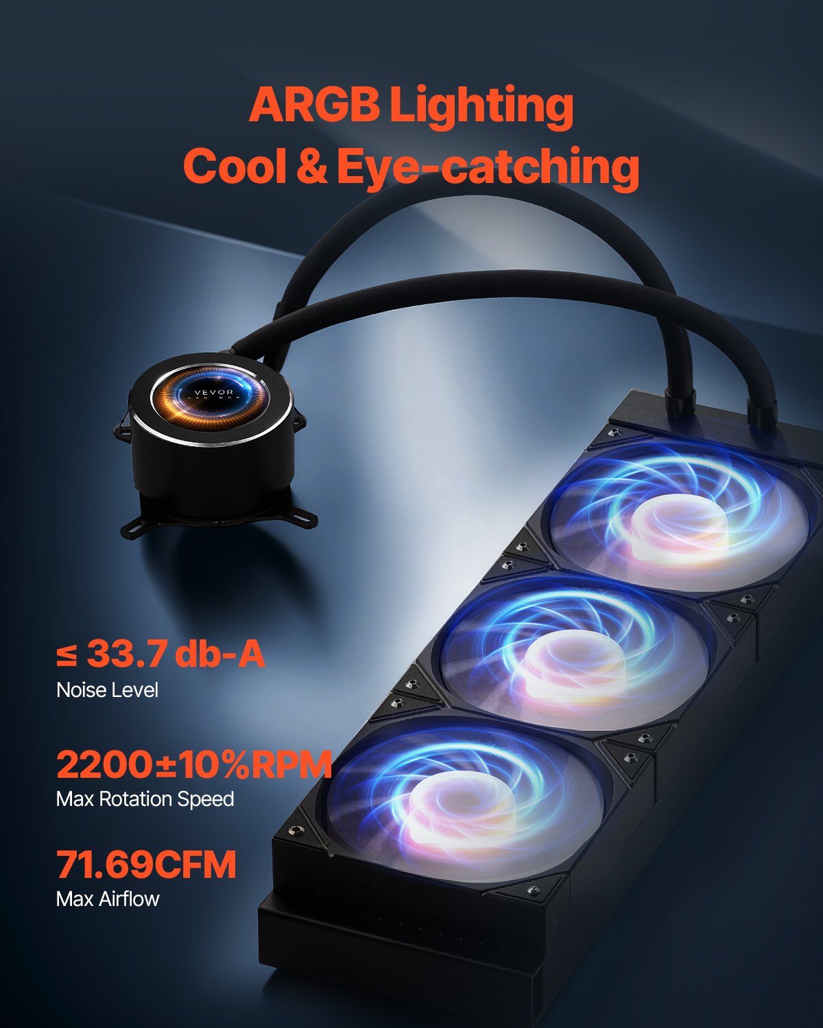 Enfriador líquido para CPU AIO con luz ARGB y 3 ventiladores PWN (120 mm)