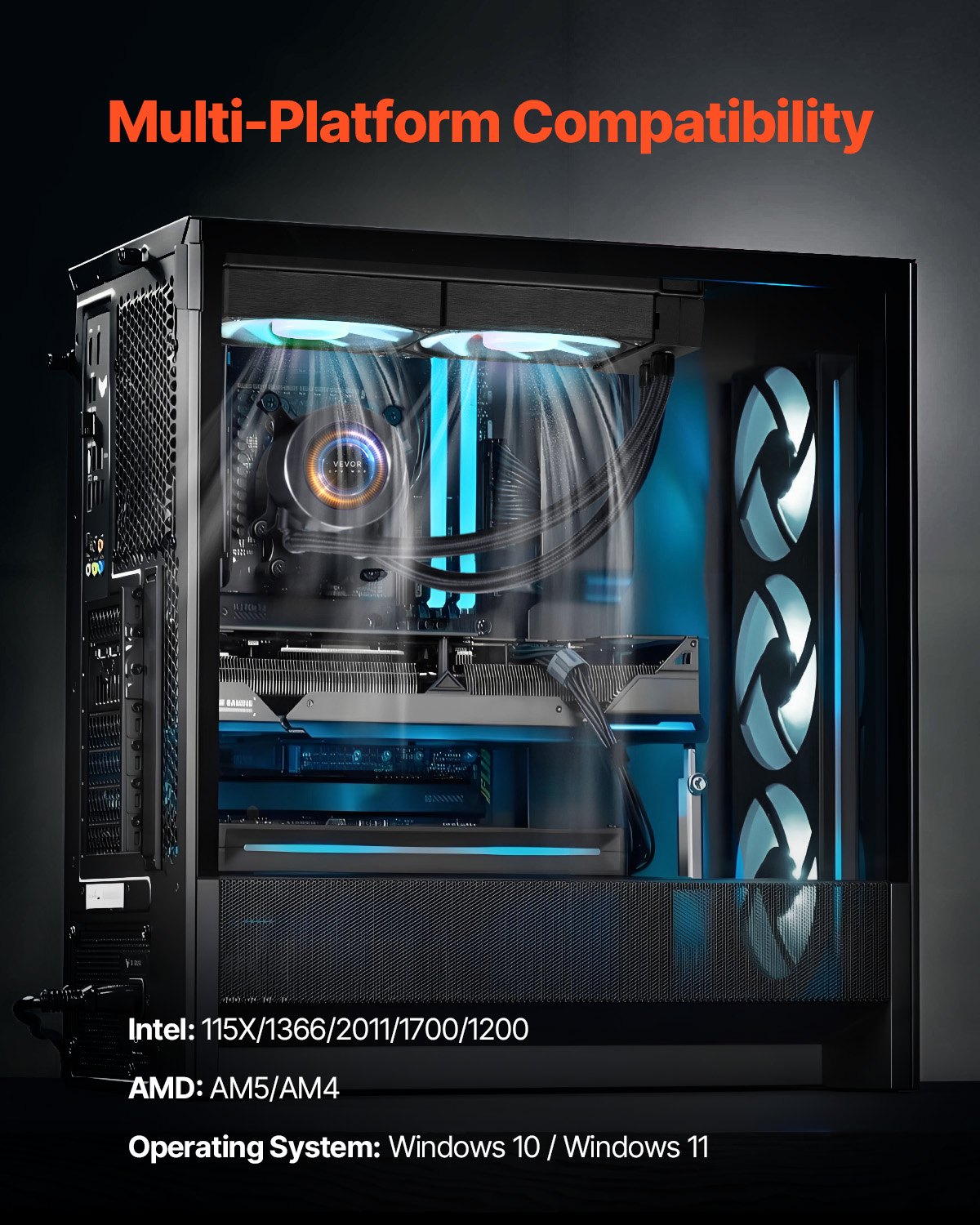 Enfriador líquido para CPU VEVOR, AIO (3 ventiladores PWN de 120 mm y bomba), personalizable, color negro, con pantalla LCD de 2,1" e iluminación ARGB, compatible con Intel 115X/1366/2011/1700/1200 y AMD AM4/AM5.