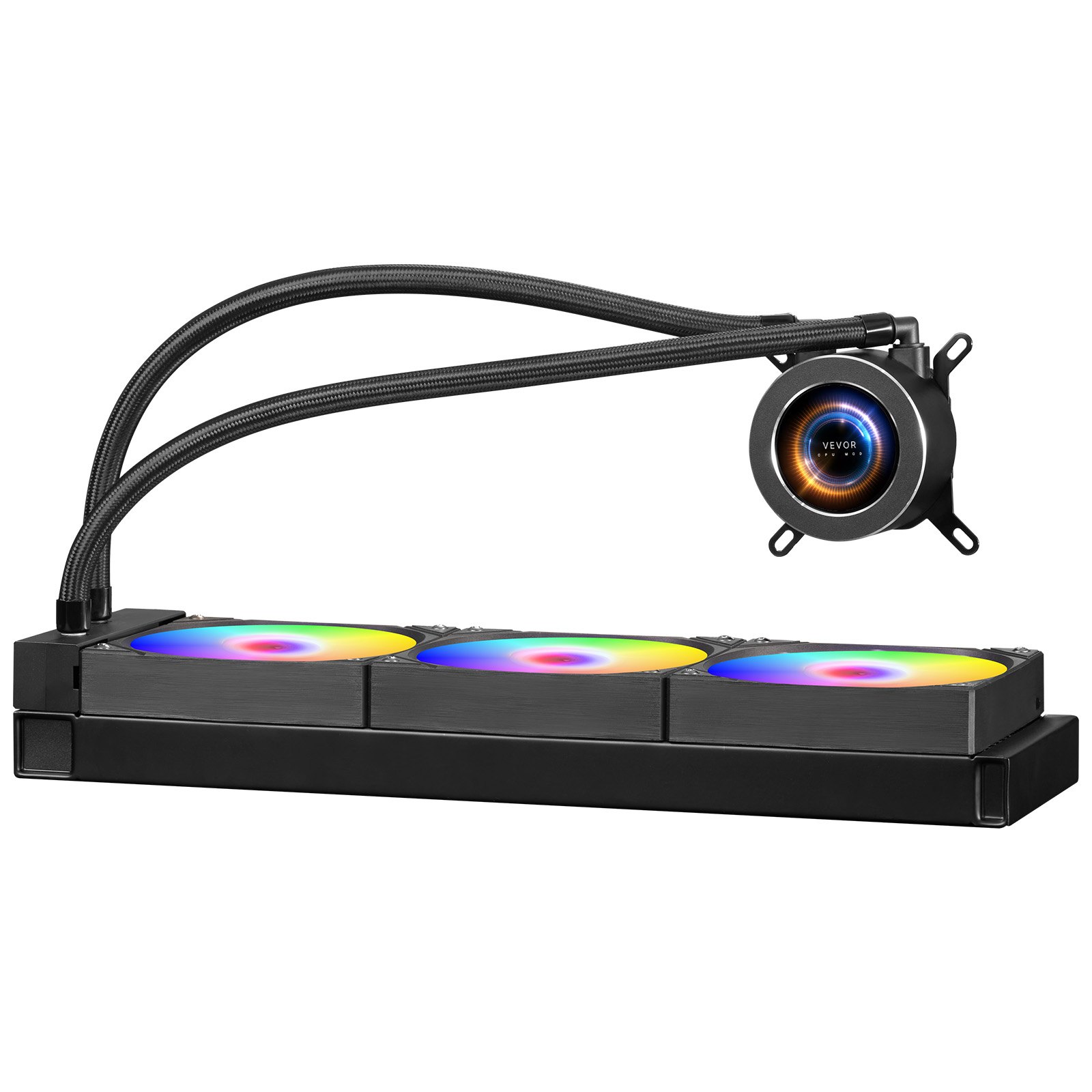 Enfriador líquido para CPU VEVOR, AIO (3 ventiladores PWN de 120 mm y bomba), personalizable, color negro, con pantalla LCD de 2,1" e iluminación ARGB, compatible con Intel 115X/1366/2011/1700/1200 y AMD AM4/AM5.