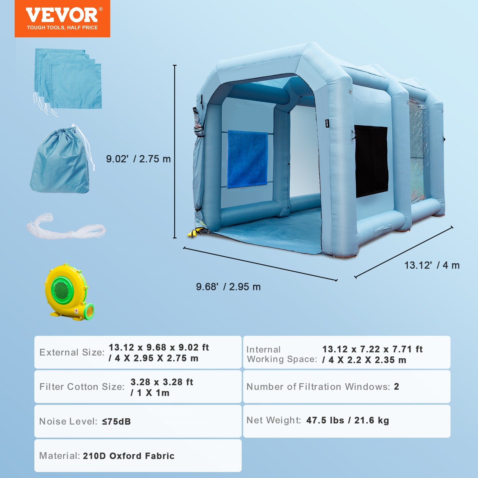 Cabina de pintura inflable VEVOR, cabina de pintura inflable de 13 x 10 x 9 pies, carpa de pintura con sopladores de alta potencia de 900 W, sistema de filtro de aire para carpa de pintura de automóviles, estación de trabajo para estacionamiento de automóviles, garaje para motocicletas