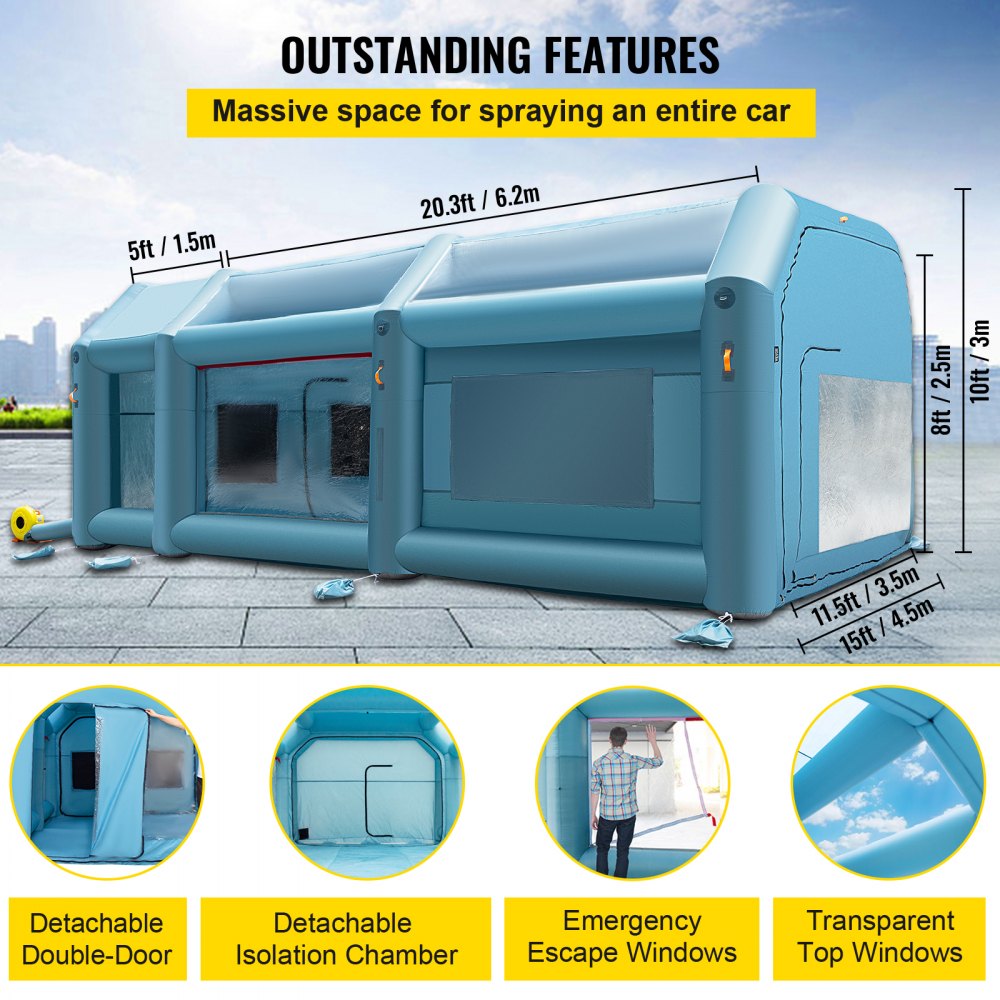 Cabina de pintura inflable portátil VEVOR de 7,9 x 4,5 x 3 m, cabina de pintura inflable, carpa para pintar automóviles con sistema de filtro de aire y 2 sopladores, carpa mejorada para cabina de pintura inflable, estación de trabajo para pintar automóviles, estacionamiento.