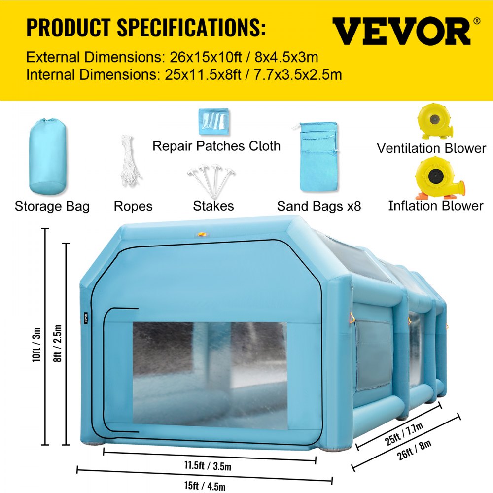 Cabina de pintura inflable portátil VEVOR de 7,9 x 4,5 x 3 m, cabina de pintura inflable, carpa para pintar automóviles con sistema de filtro de aire y 2 sopladores, carpa mejorada para cabina de pintura inflable, estación de trabajo para pintar automóviles, estacionamiento.