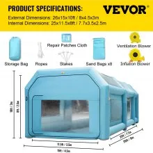 Cabina de pintura inflable portátil VEVOR, cabina de pintura inflable de 26 x 15 x 10 pies, tienda de campaña de pintura para coche con sistema de filtro de aire y 2 sopladores, tienda de campaña de cabina de pintura mejorada, estación de trabajo de pintura automática, garaje de aparcamiento