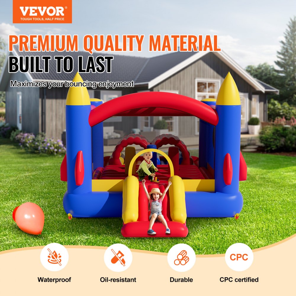 Casa inflable VEVOR en colores vibrantes, con tobogán y niños jugando, con fondo de casa y jardín.