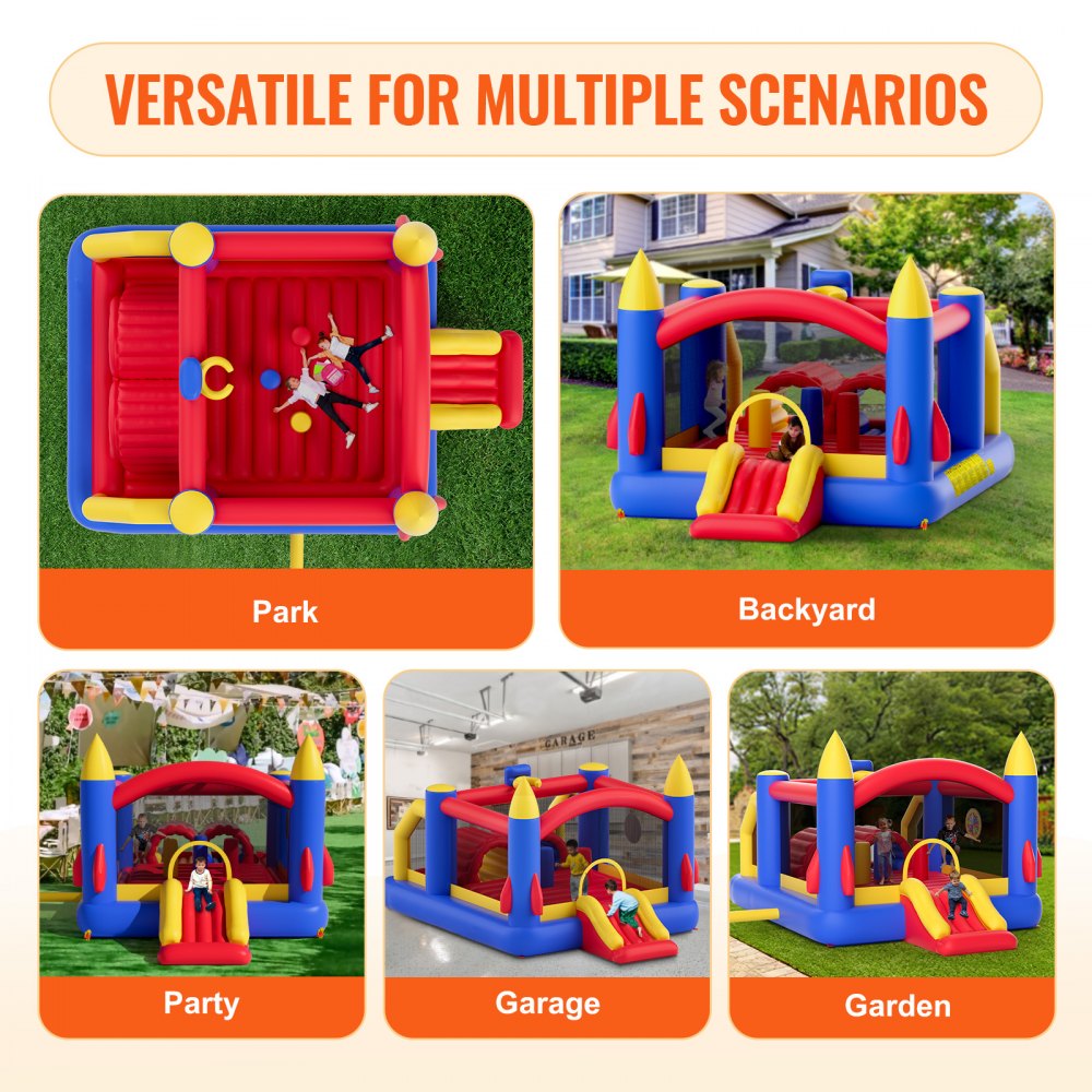 Casa inflable VEVOR para usar en parques, patios, fiestas, garajes y jardines, que se muestra en varias configuraciones coloridas.