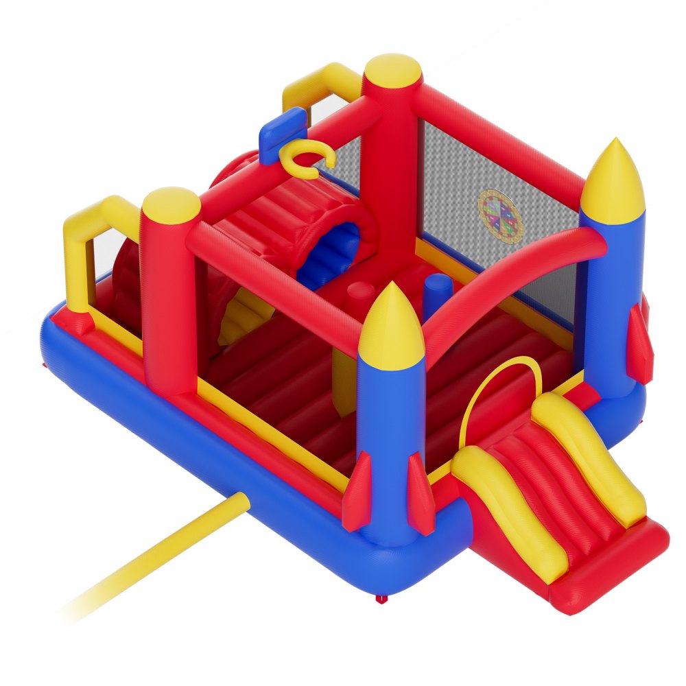 Casa inflable colorida VEVOR con toboganes, túneles y una red de malla para que los niños jueguen al aire libre.