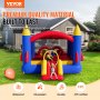 Casa inflable VEVOR en colores vibrantes, con tobogán y niños jugando, con fondo de casa y jardín.
