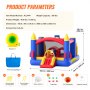 Dimensiones y accesorios del castillo inflable VEVOR, incluido soplador, bolsa de transporte, estacas de tierra y pelotas.