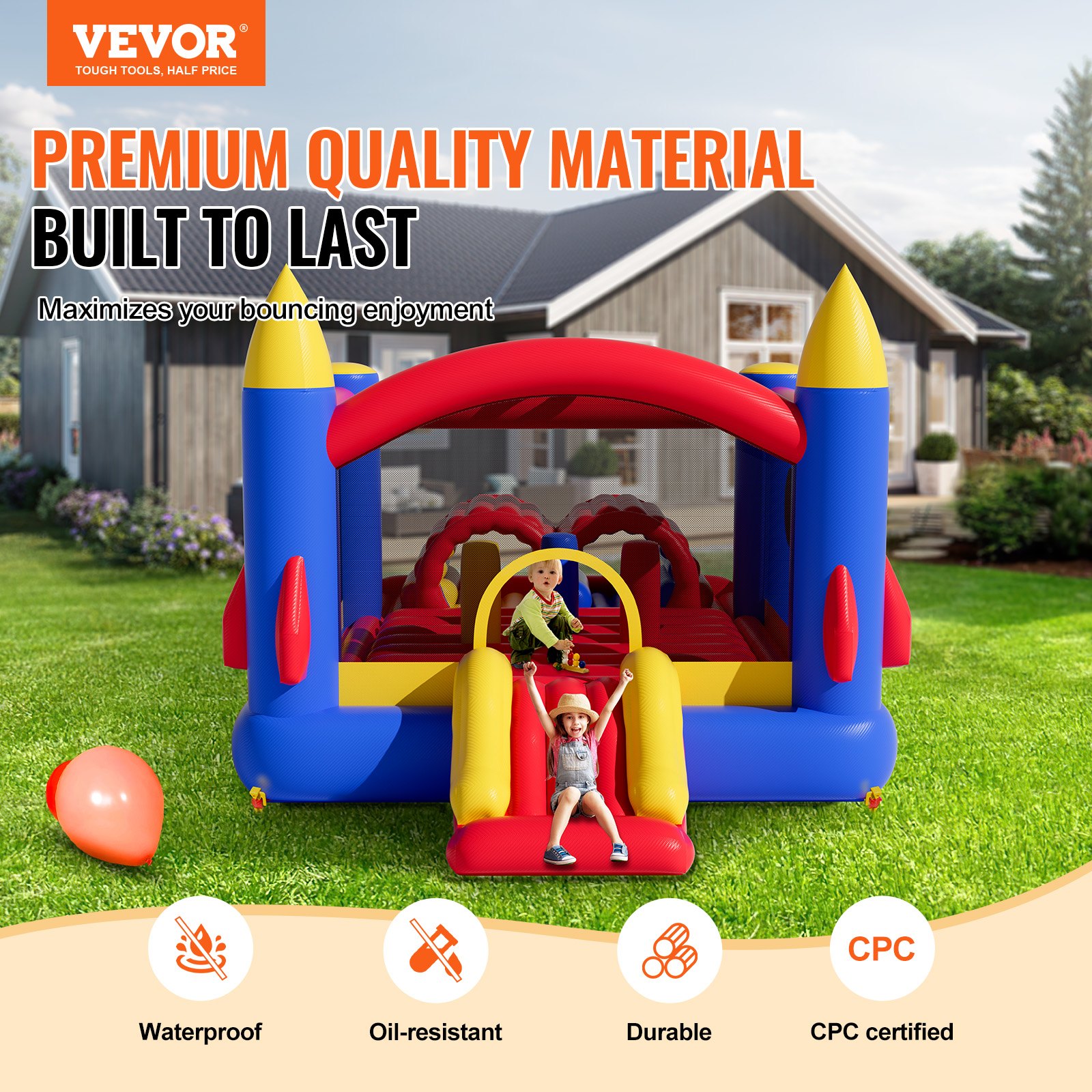 Casa inflable VEVOR en colores vibrantes, con tobogán y niños jugando, con fondo de casa y jardín.