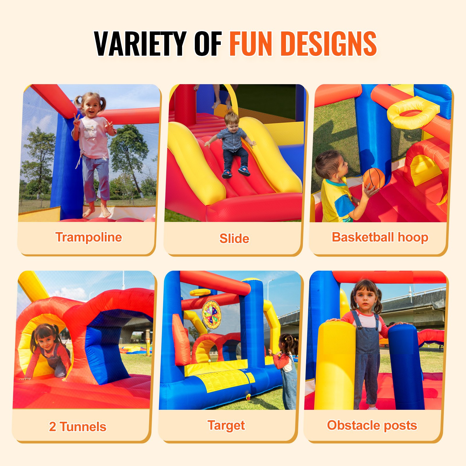 Casa inflable VEVOR con trampolín, tobogán, aro de baloncesto, túneles, objetivo y postes de obstáculos.