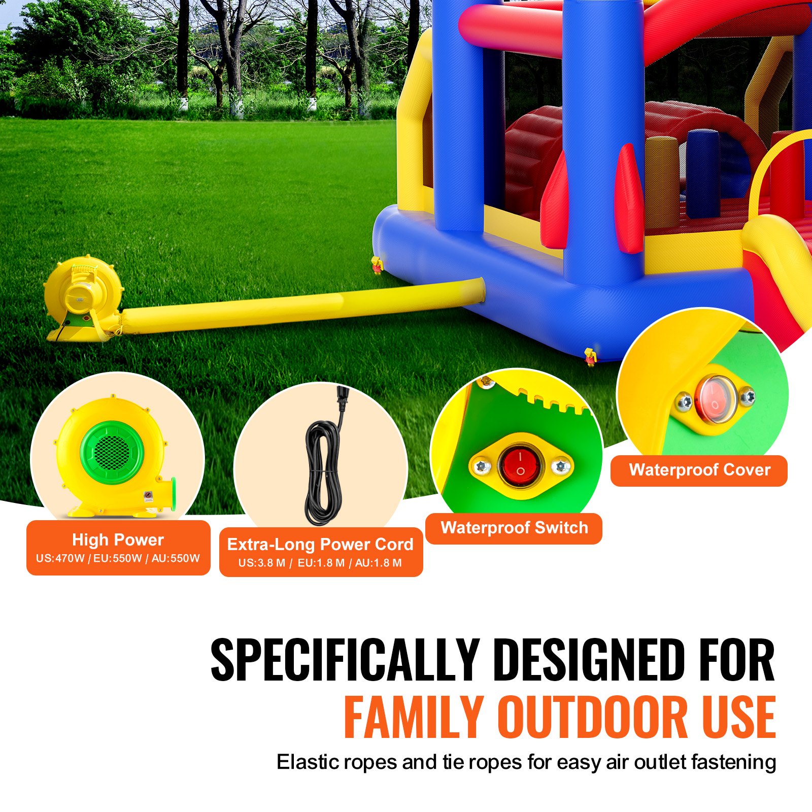 Castillo inflable VEVOR con soplador de alta potencia, cable de alimentación extra largo y componentes impermeables.