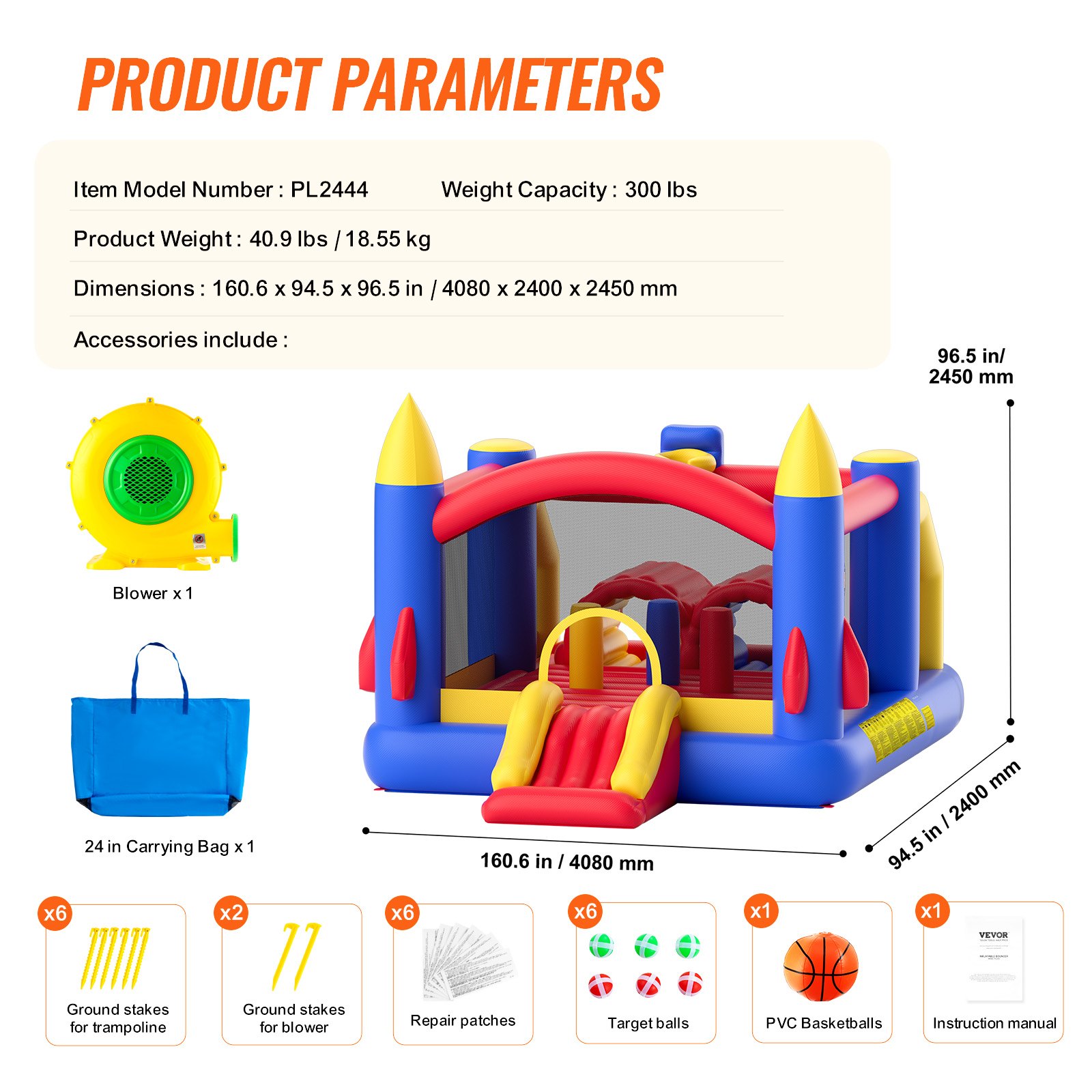 Dimensiones y accesorios del castillo inflable VEVOR, incluido soplador, bolsa de transporte, estacas de tierra y pelotas.
