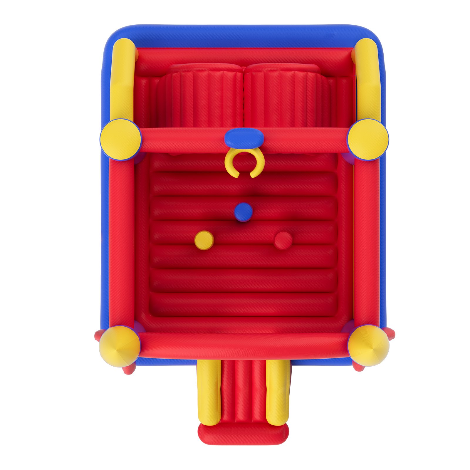 Vista superior de la colorida casa inflable VEVOR con secciones y pelotas inflables de color rojo, amarillo y azul.