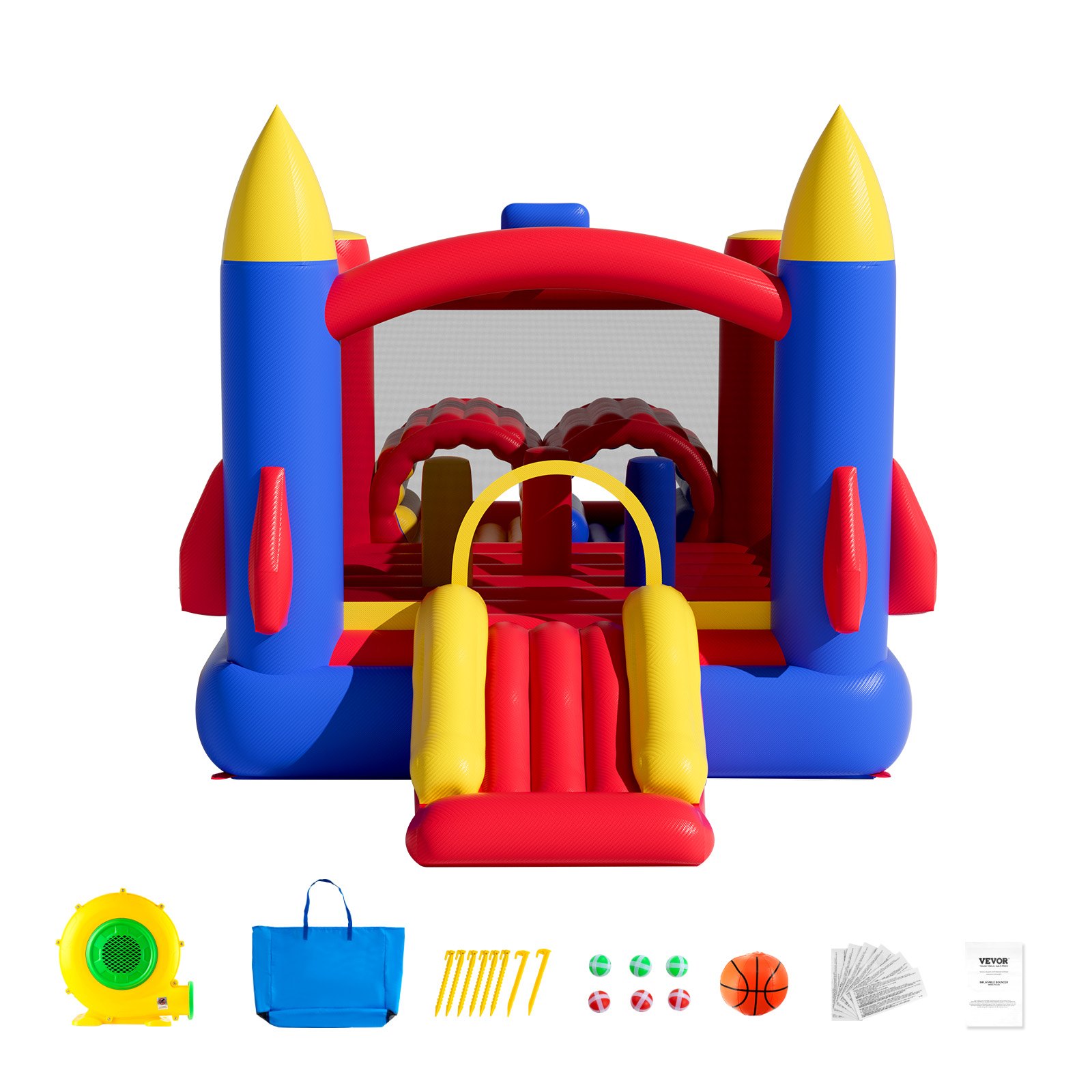 Casa inflable VEVOR colorida con tobogán, accesorios incluidos: soplador, bolsa de transporte, estacas y pelotas.