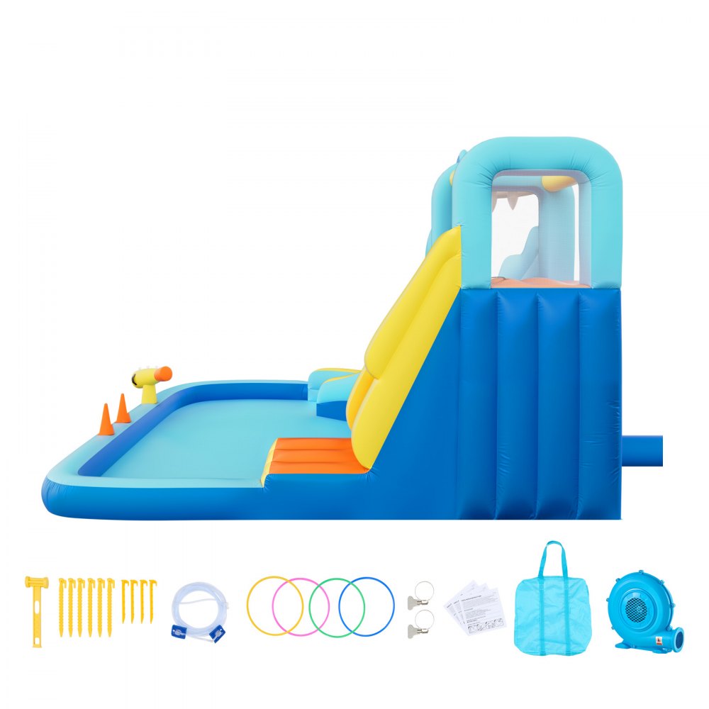 Castillo hinchable VEVOR, 3,5 x 4 x 2,3 m. Incluye tobogán acuático, zona de saltos, rocódromo, piscina y juego de aros de agua. Para 3 o 4 niños de 3 a 8 años.