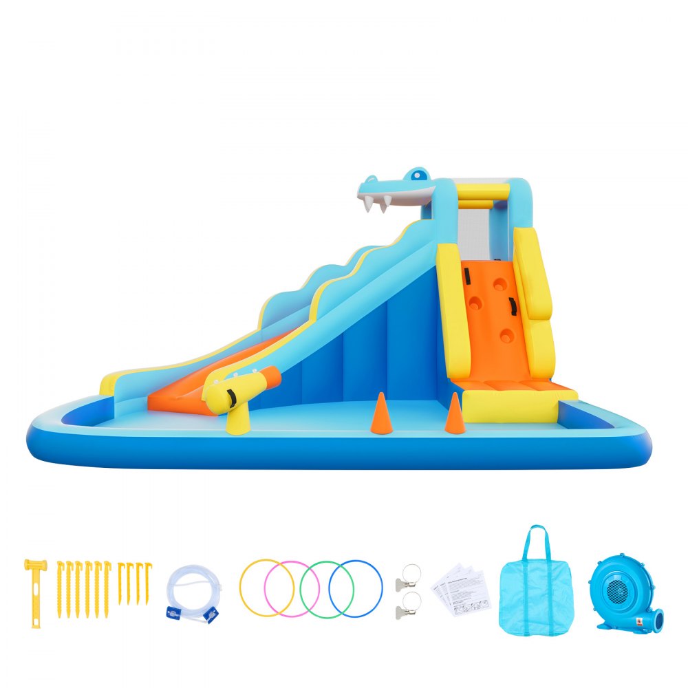 Castillo hinchable VEVOR, 3,5 x 4 x 2,3 m. Incluye tobogán acuático, zona de saltos, rocódromo, piscina y juego de aros de agua. Para 3 o 4 niños de 3 a 8 años.