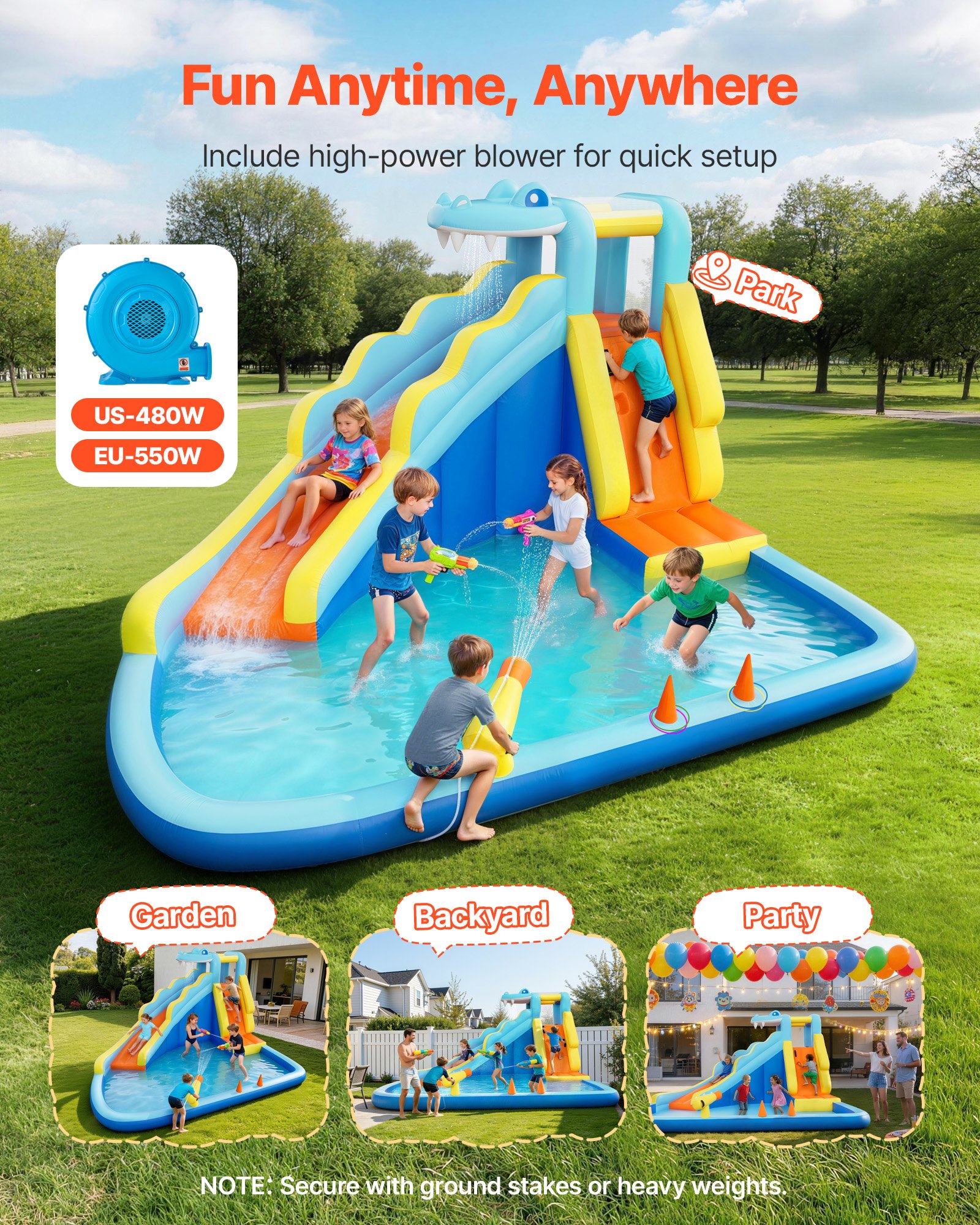 Castillo hinchable VEVOR, 3,5 x 4 x 2,3 m. Incluye tobogán acuático, zona de saltos, rocódromo, piscina y juego de aros de agua. Para 3 o 4 niños de 3 a 8 años.